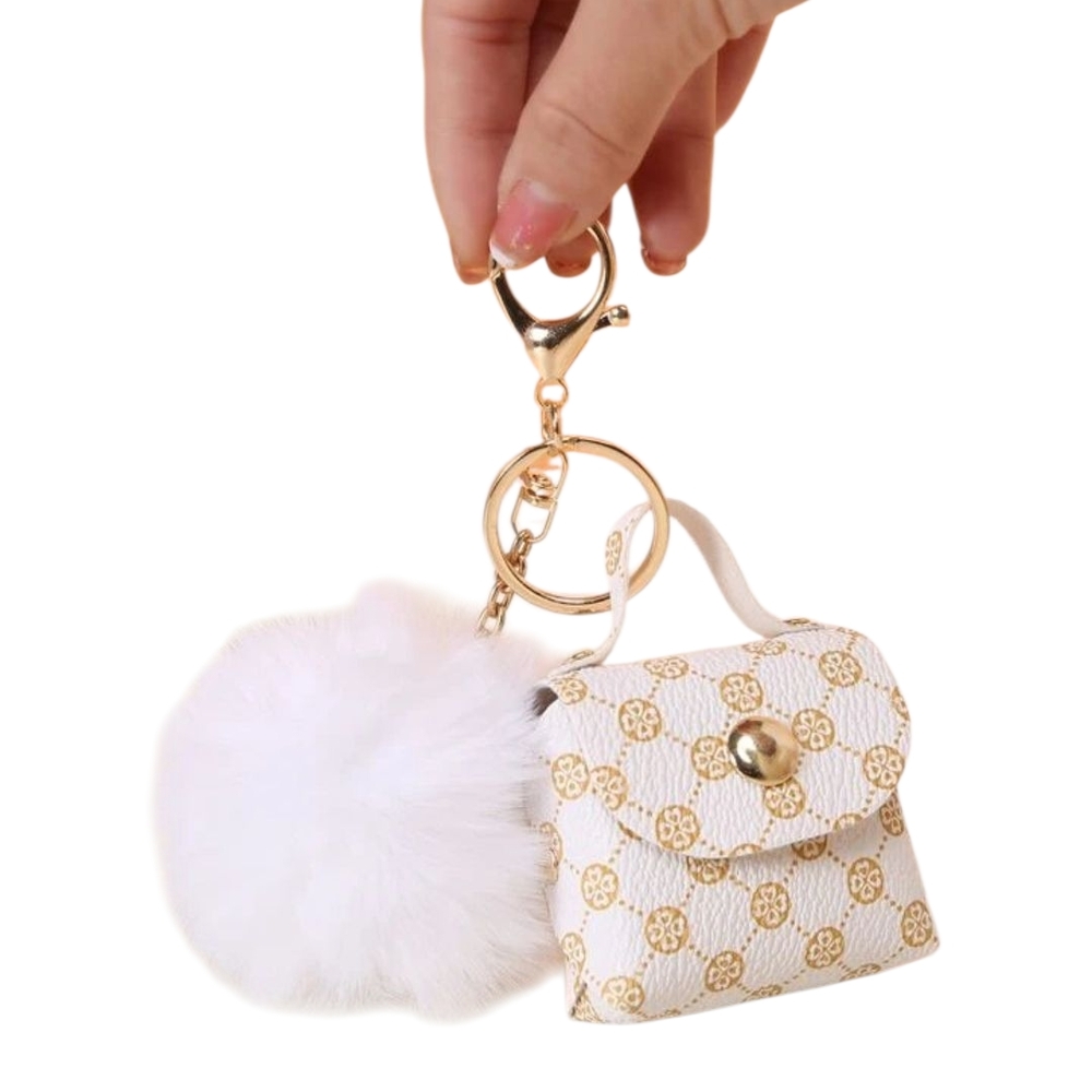 White and Gold Mini Top Handle With Pom Bag Charm Or Keychain